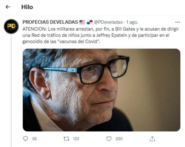 Hilo en Twitter que esparce la desinformación sobre la presunta detención de Bill Gates. FOTO: Captura de Twitter.