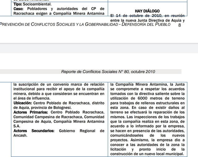 Reporte de la Defensoria sobre conflicto entre comunidad de Aquia y minera Antamina.