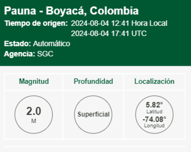  Información del último sismo en Colombia. Foto: SGC   