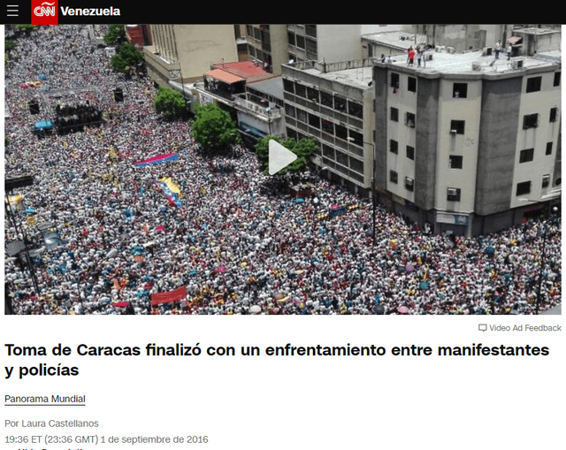  Según el medio, la imagen presenta una marcha en Venezuela en 2016. Foto: captura web / CNN.    
