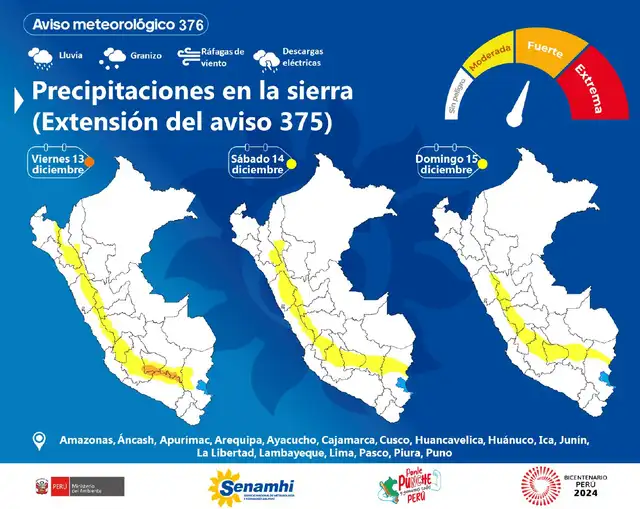 Pronóstico del clima en 17 regiones del Perú durante las próximas 71 horas. Foto: Senamhi/X   