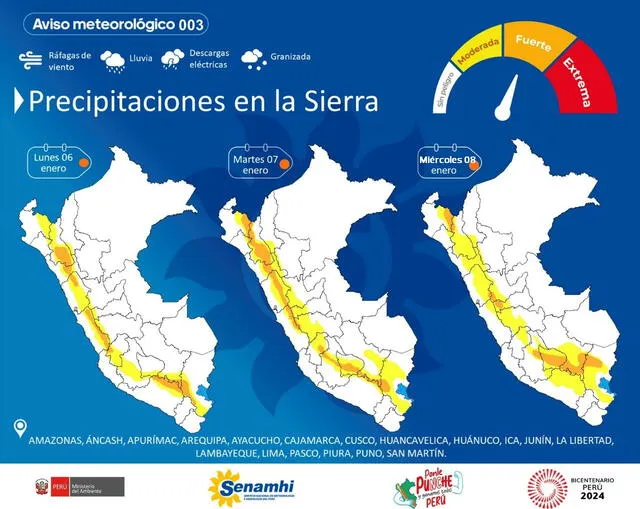 Lluvias en 18 regiones del país se producirán durante las próximas 71 horas. Foto: Senamhi/X   