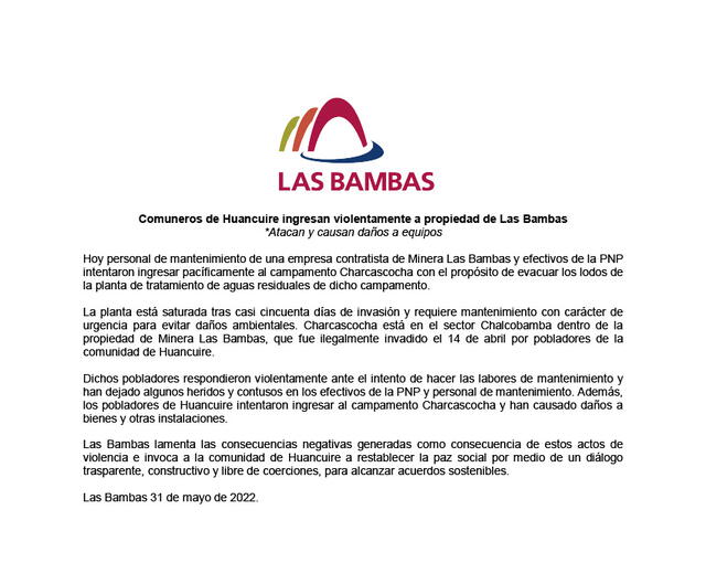 Comunicado. Foto: Minera Las Bambas