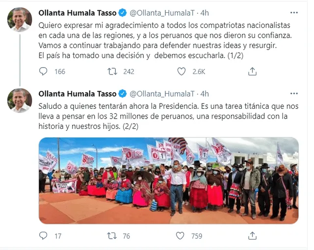 Tuits del expresidente Humala.
