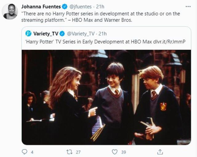 Johanna Fuentes negó que exista la posibilidad de una serie de Harry Potter. Foto: captura Twitter @jfuentes