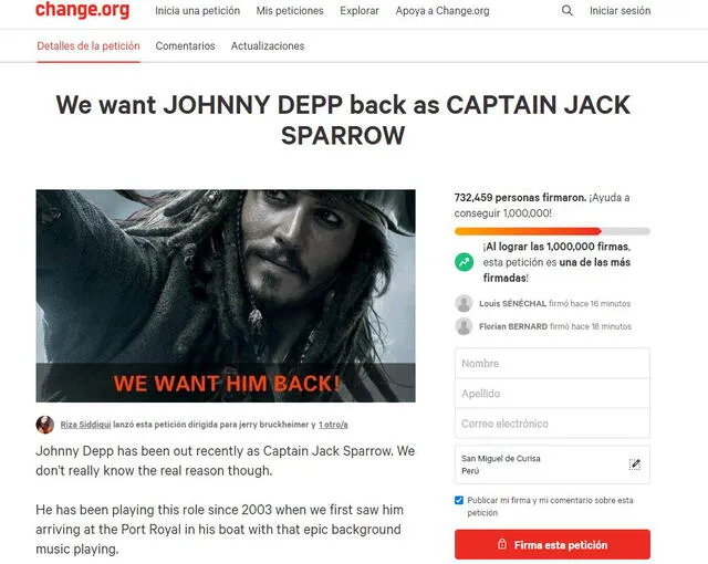 Johnny Depp se presenta en una corte de USA por la demanda de difamación que entabló contra Amber Heard. Foto: Change.org