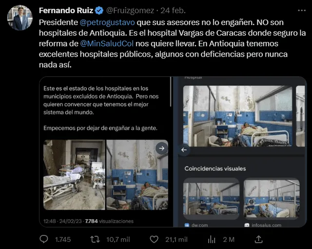  El exministro de salud afirmó que las imágenes son del hospital Vargas de Caracas. Foto: @Fruizgomez/Twitter    