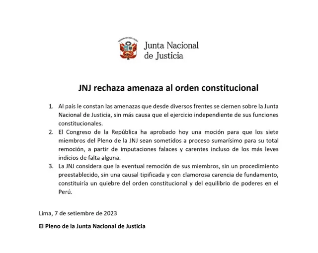 La Junta manifiesta que el país es testigo de que viene siendo amenazada desde diversos frentes. Foto: JNJ    