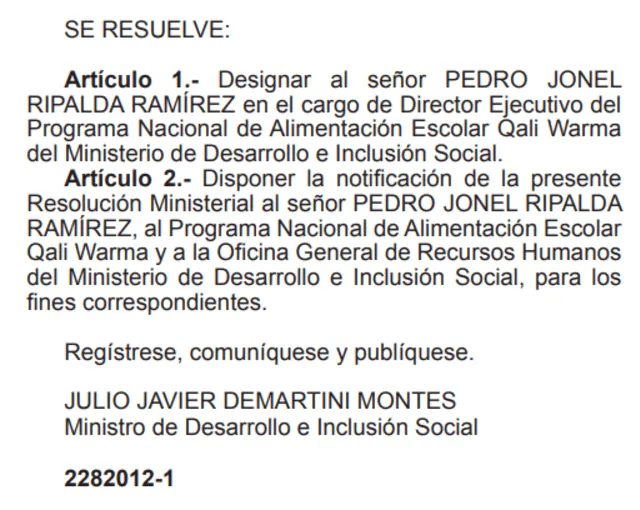Designación de Pedro Ripalda como director de Qali Warma. Foto: El Peruano   