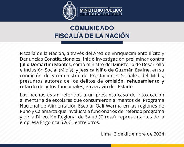 Comunicado de la Fiscalía de la Nación   