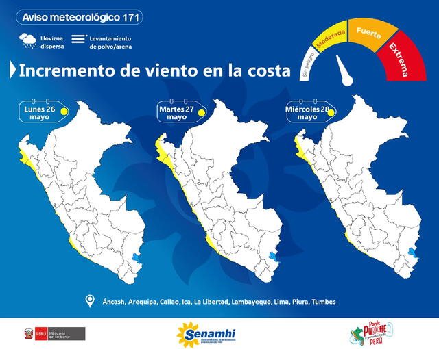 Regiones costeras de Perú afectadas por fenómeno meteorológico. Foto: Senamhi.   