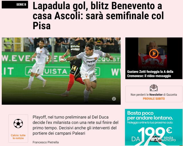 Gianluca Lapadula según el análisis de la prensa italiana. Foto: captura de La Gazzetta dello Sport