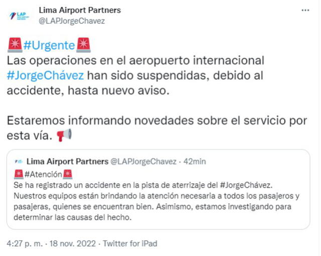 Las operaciones en el aeropuerto internacional #JorgeChávez han sido suspendidas. Foto: captura Twitter LAP