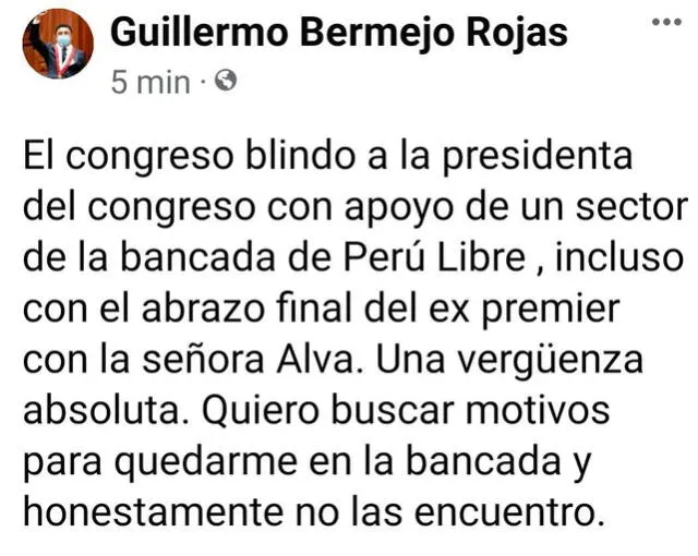 Bermejo: “Quiero buscar motivos para quedarme en Perú Libre y honestamente no los encuentro”. Foto: Captura de Twitter