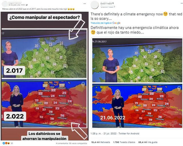 Post advierte una supuesta manipulación en mapas de calor. Foto: captura en Facebook y Twitter.