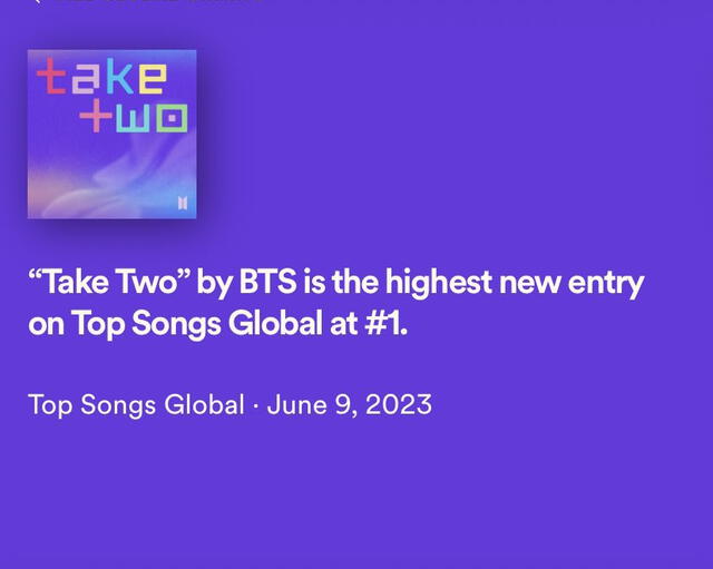  "Take two" de BTS debutó en el #1 de top songs global de Spotify. Foto: Spotify   