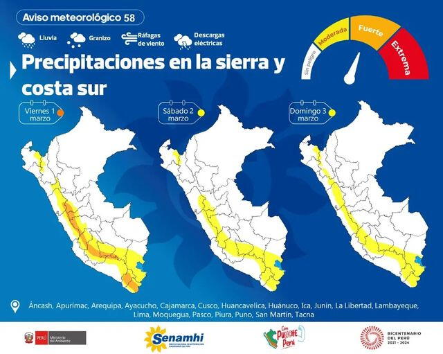 Nuevo pronóstico de lluvias del 1 al 3 de marzo del Senamhi