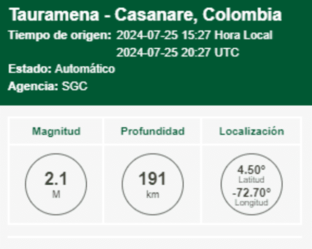  Información del último en sismo en Colombia. Foto: SGC 