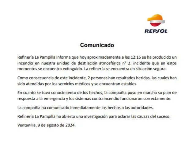  Comunicado de Repsol. Foto: captura de pantalla.   