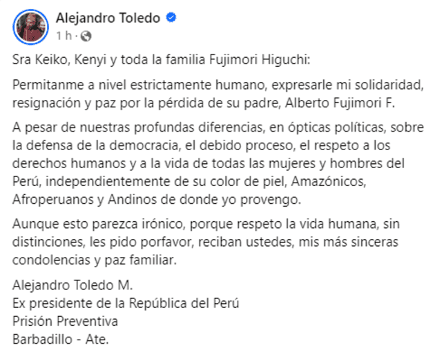  Alejandro Toledo se pronuncia tras fallecimiento de expresidente.   