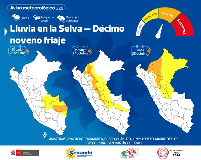 Este es el pronóstico de Senamhi para el próximo fin de semana. Foto: Senamhi   