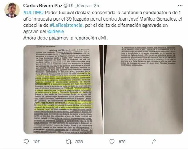 Carlos Rivera, abogado de IDL, informó que el Poder Judicial dictó sentencia contra miembro de La Resistencia. Foto: Captura Twitter