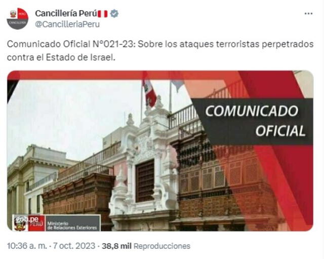 Comunicado del Ministerio de Relaciones Exteriores del Perú sobre guerra en Israel. Foto: @CancilleriaPeru/'X'   