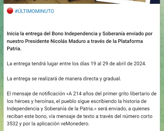 Llegó el Bono Independencia y Soberanía de abril. Foto: Telegram.   