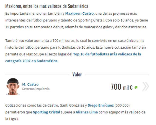 Reseña sobre Maxloren Castro. Foto: captura de Transfermarkt.   