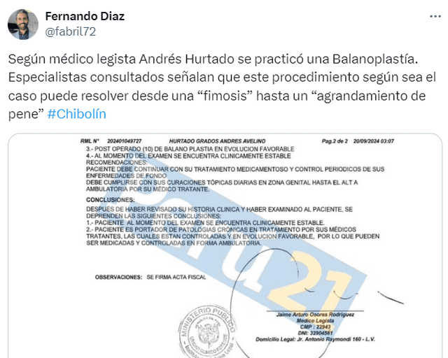  Mensaje de Fernando Díaz sobre Andrés Hurtado   