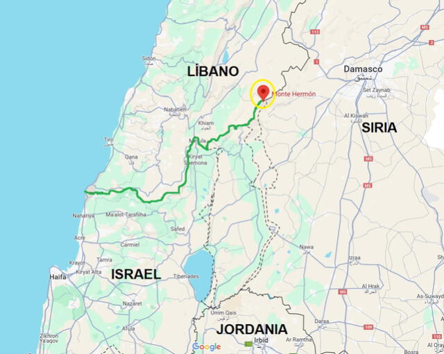 <em> Plano comparativo entre el monte Hermón (amarillo) y la localidad no especificada en la frontera Israel-Líbano. Foto: captura de Google Maps</em>   