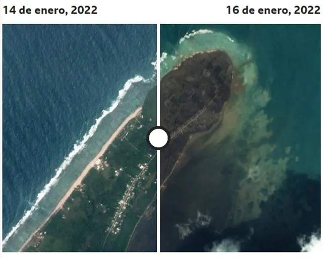  La isla un año antes de la tragedia y un día después. Foto: BBC<br>  