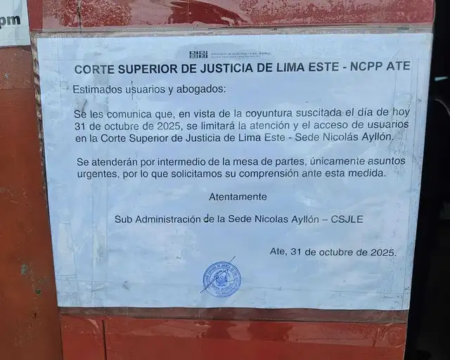 Comunicado Corte Superior de Justicia Lima Este - NCPP Ate. Foto: Adrián Sarria / La República Comunicado Corte Superior de Justicia Lima Este - NCPP Ate. Foto: Adrián Sarria / La República
