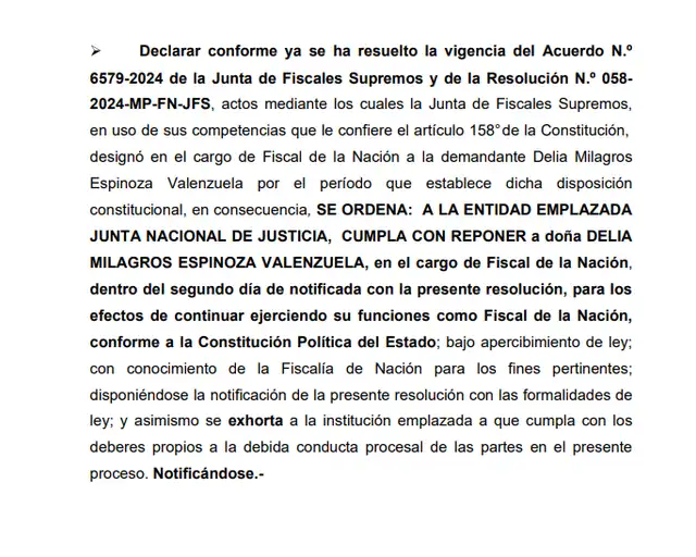 Extracto de la resolución que ordena la restitución de Delia Espinoza como fiscal de la Nación