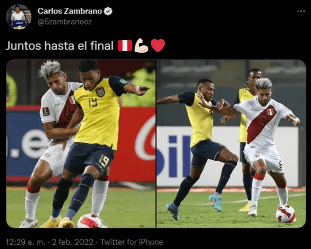 Zambrano disputó ayer ante Ecuador los 90 minutos de partido. Foto: captura Carlos Zambrano twitter