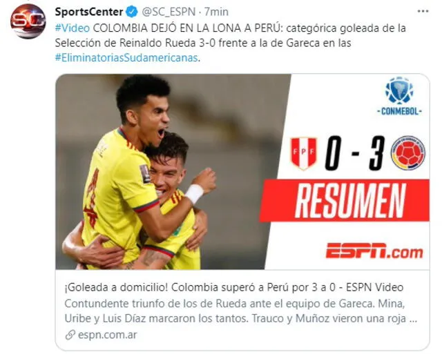 Así informó la prensa extranjera el 3-0 de Colombia a Perú. Foto: captura de pantalla/ESPN