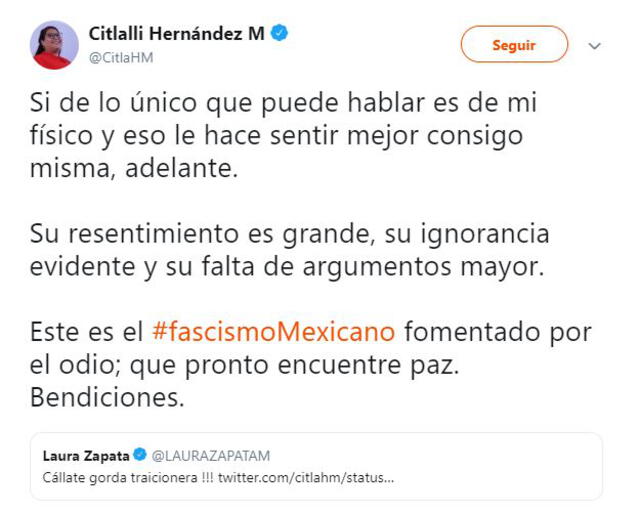 Respuesta de Citlalli Hernández en Twitter