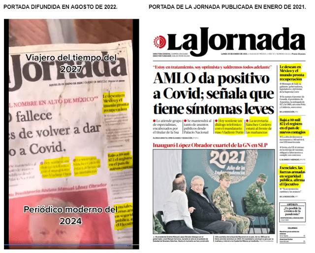  Comparación entre video viral en Facebook (izquierda) y portada de la edición impresa de La Jornada del 25 de enero de 2021. Foto: composición LR/Facebook/La Jornada.    
