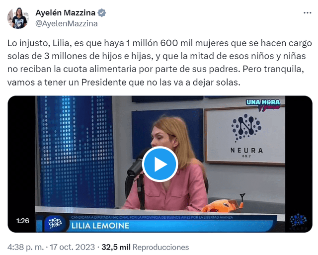 Ayelén Mazzina sobre Lilia Lemoine. Foto: captura @AyelenMazzina /Twitter   