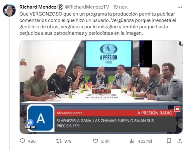 El analista deportivo venezolano Richard Méndez se mostró indignado con los comentarios de los panelistas peruanos. Foto: RichardMendezTV/ X   