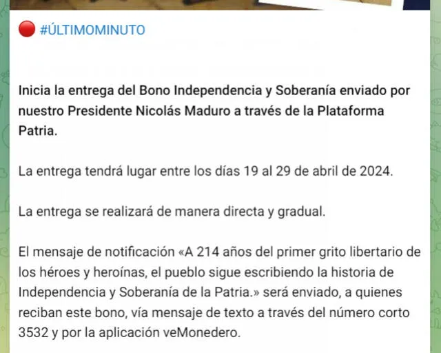 Anuncio del Bono Independencia y Soberanía de abril 2024. Foto: Canal Patria Digital   