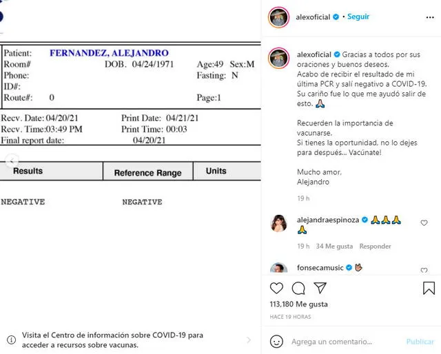 Alejandro Fernández anunció por medio de sus redes sociales que ya está libre de coronavirus. Foto: Alejandro Fernández Instagram