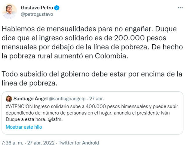 Tuit de Gustavo Petro sobre el aumento del Ingreso Solidario