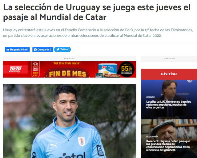 Así informó prensa uruguaya del partido contra Perú. Foto: captura La Red (Uruguay).