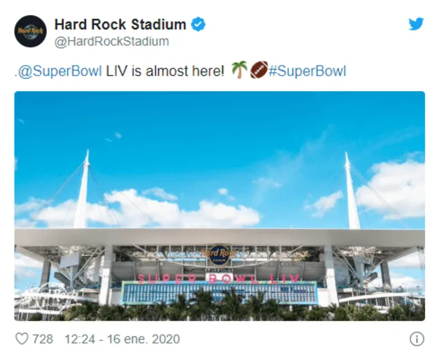 La edición 2020 del Super Bowl será en la ciudad de Miami en el Hard Rock Stadium. (FOTO: Twitter)