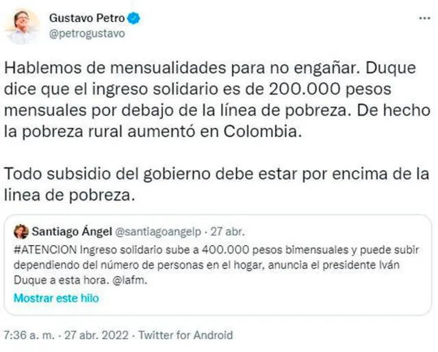 Tuit de Gustavo Petro sobre el aumento del Ingreso Solidario