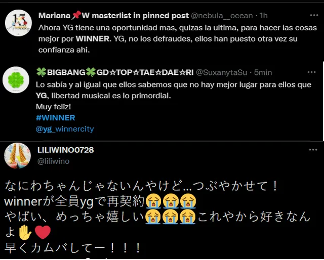 Comentarios de fans sobre la renovación de WINNER con YG. Foto: captura Twitter