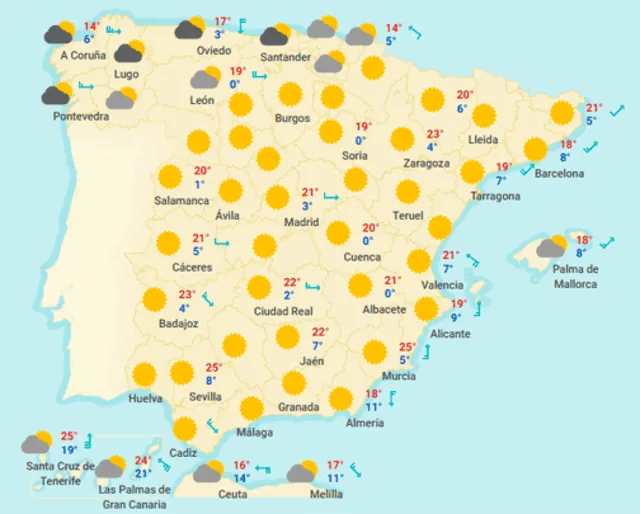 Mapa tiempo España hoy lunes 24 de febrero de 2020.