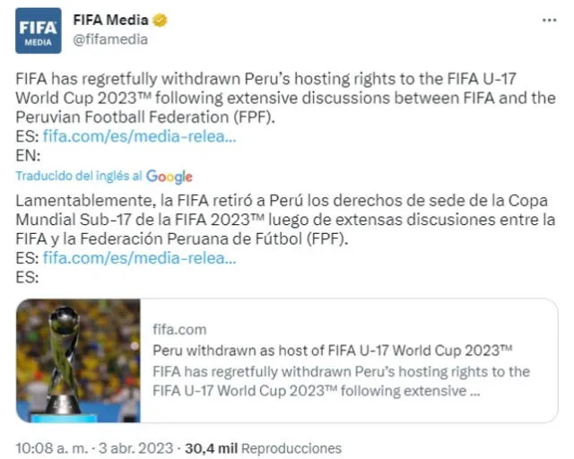 Comunicación oficial de la FIFA. Foto: captura de FIFA Media   