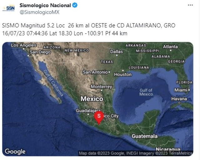 Epicentro del sismo en México. Foto: @SismologicoMX/Twitter   
